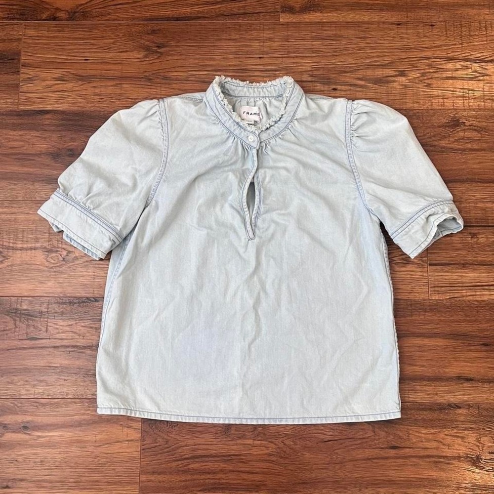 Frame Light Wash‎ Denim Blouse Women S Frayed Collar Boho Cottagecore Minimalist
